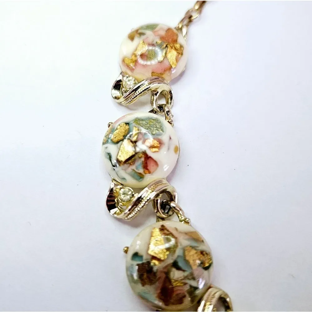 Vintage Signed Coro Confetti Fleck Lucite Cabochon Rhinestone Gold Tone Necklace